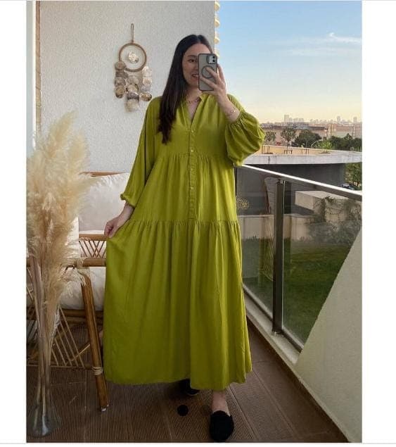 Balon Kol Düğmeli Salaş Model Elbise - Fıstık Yeşil