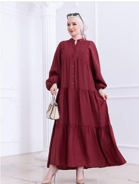 Balon Kol Düğmeli Salaş Model Elbise - Bordo