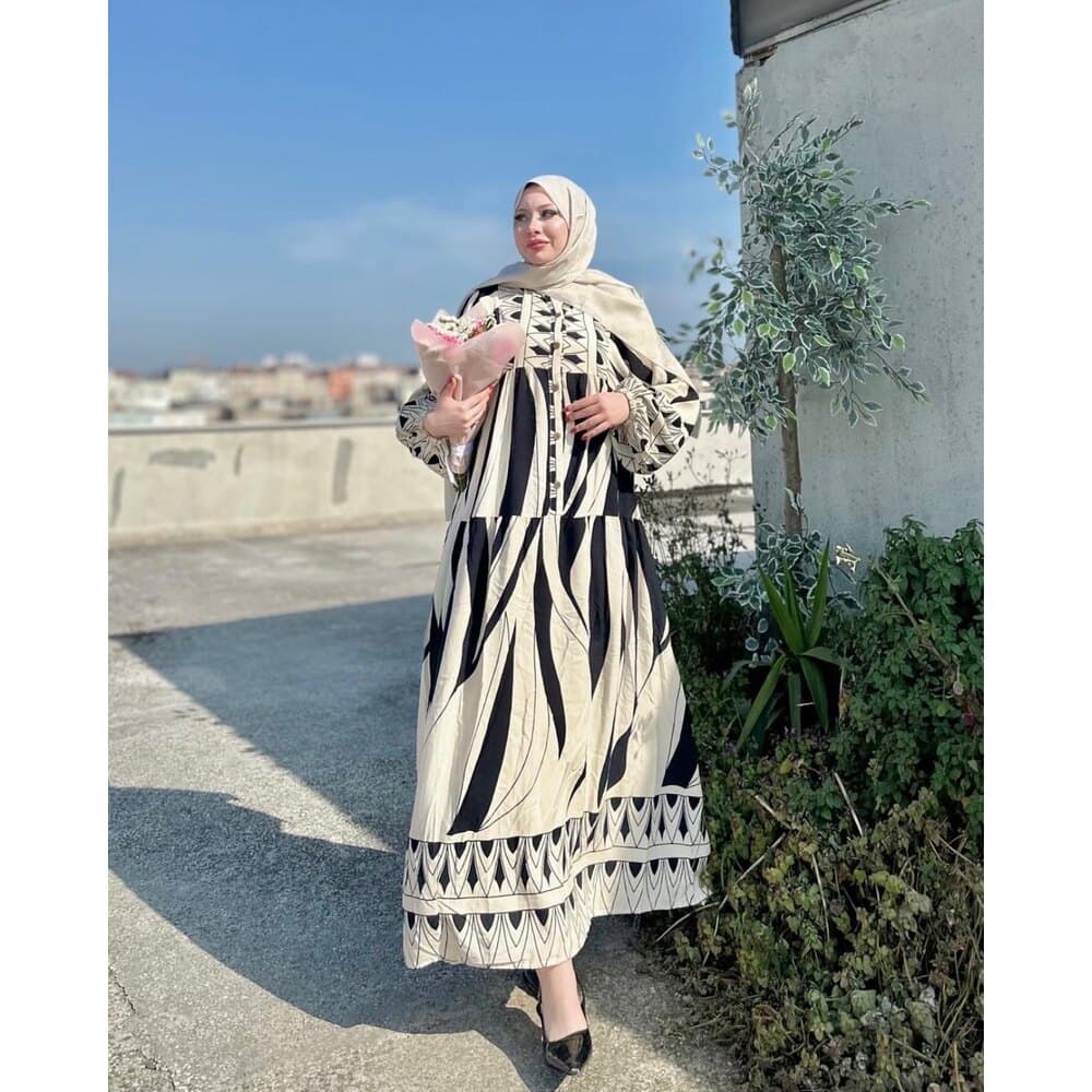 Balon Kol Düğmeli Salaş Model Elbise - Siyah
