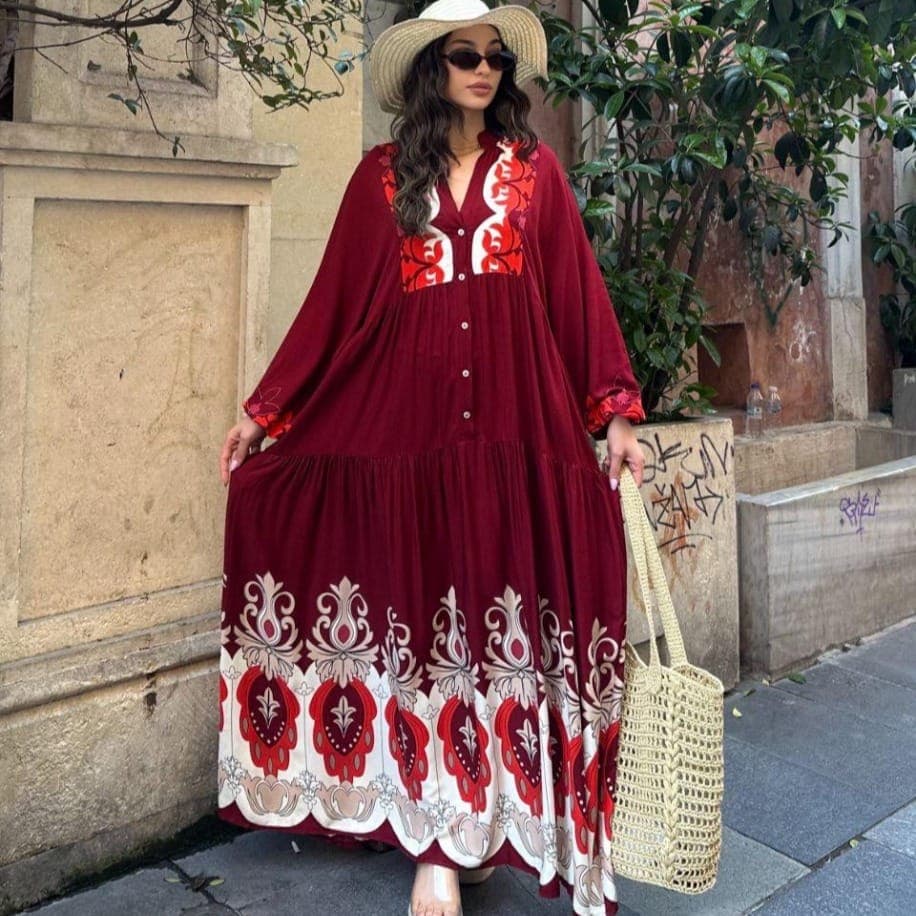 Balon Kol Salaş Model Desenli Elbise - Bordo