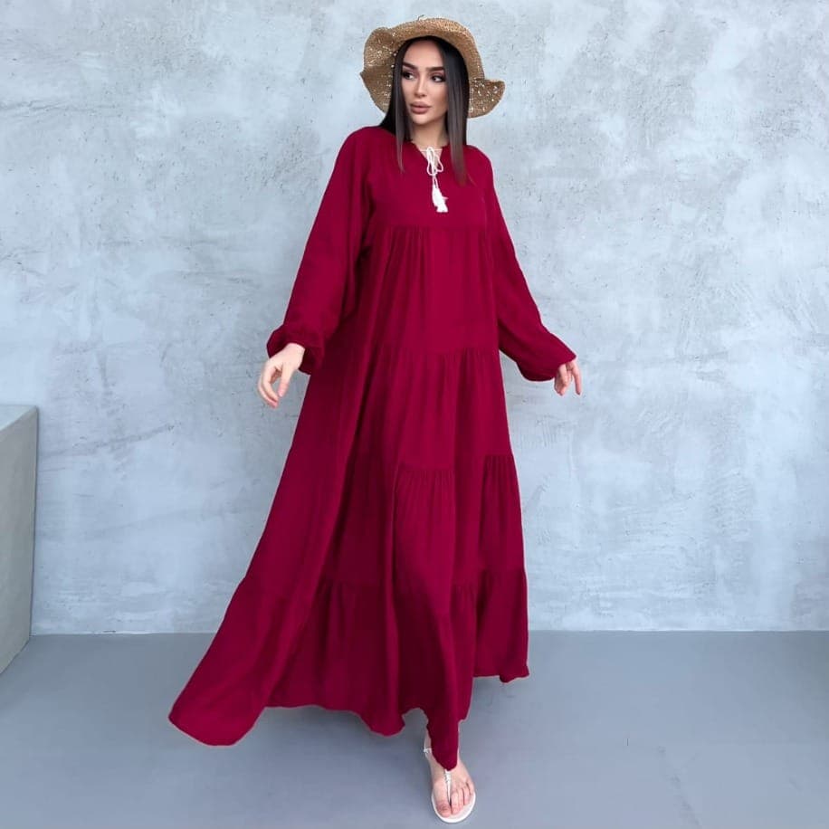 Balon Kol Püskül Detay Salaş Model Elbise - Bordo