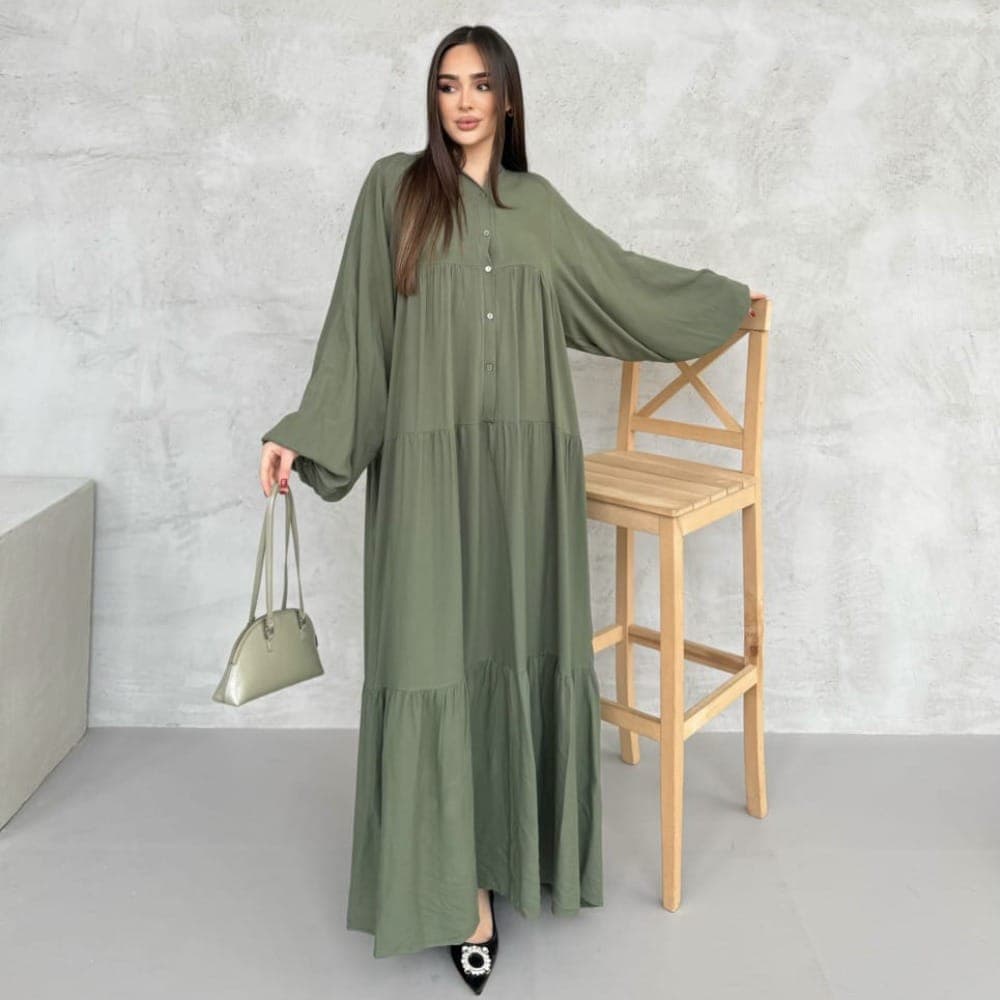 Balon Kol Salaş Model Elbise - Haki Yeşil 