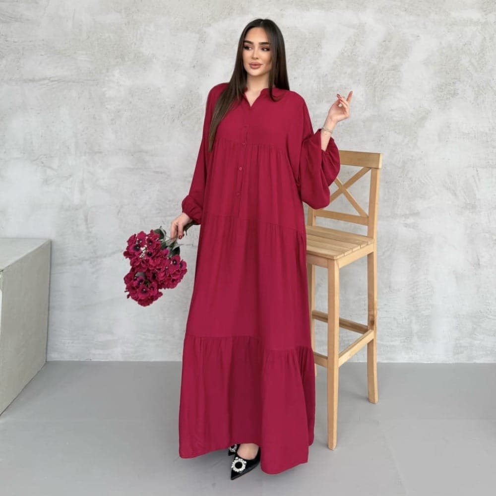 Balon Kol Salaş Model Elbise - Bordo