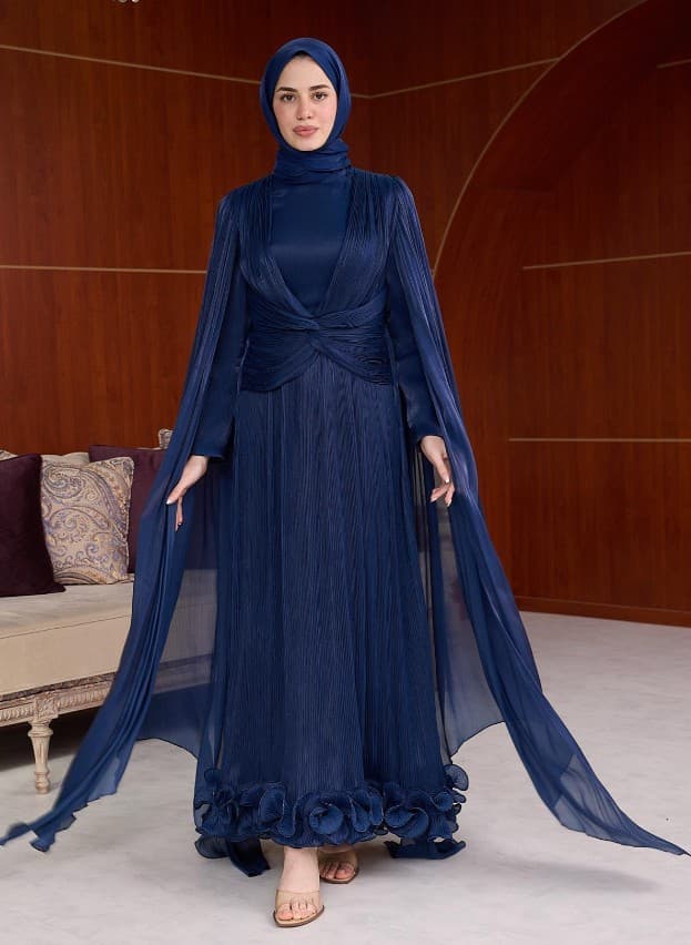 Kamer Plise Işıltı Abiye - Lacivert