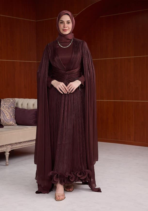 Kamer Plise  Işıltı Abiye - Kahverengi