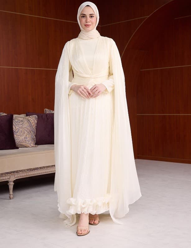 Kamer Plise  Işıltı Abiye - Ekru