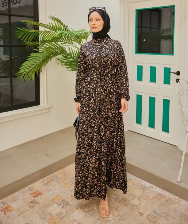 Tribal Desen Süet Elbise - Siyah