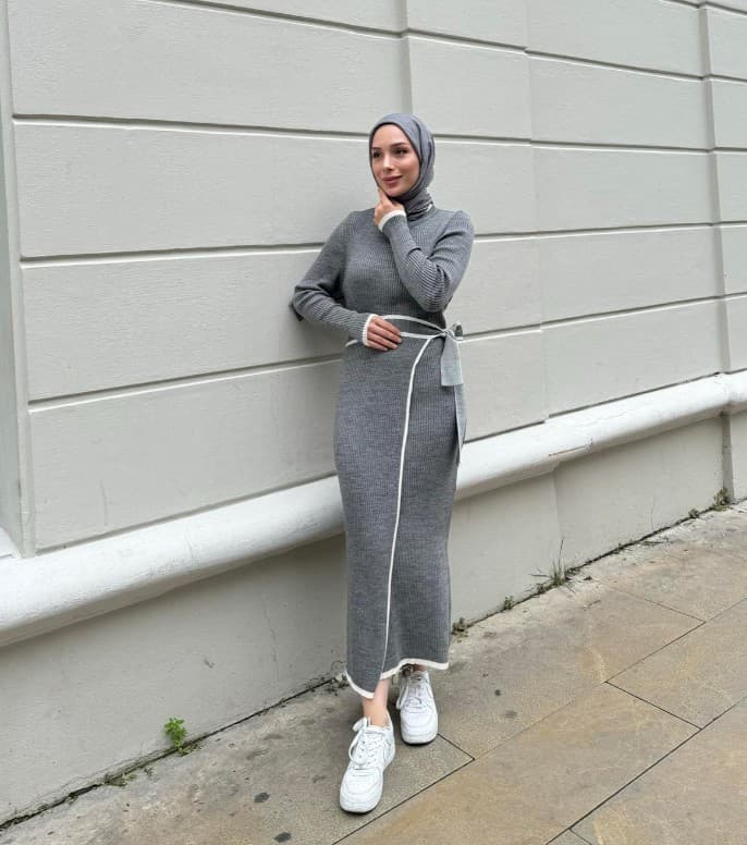 Bağlamalı Triko Elbise - Gri