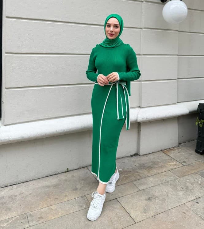 Bağlamalı Triko Elbise - Yeşil