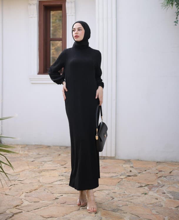 Boğazlı Triko Elbise - Siyah