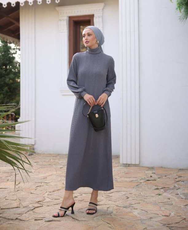 Boğazlı Triko Elbise - Gri