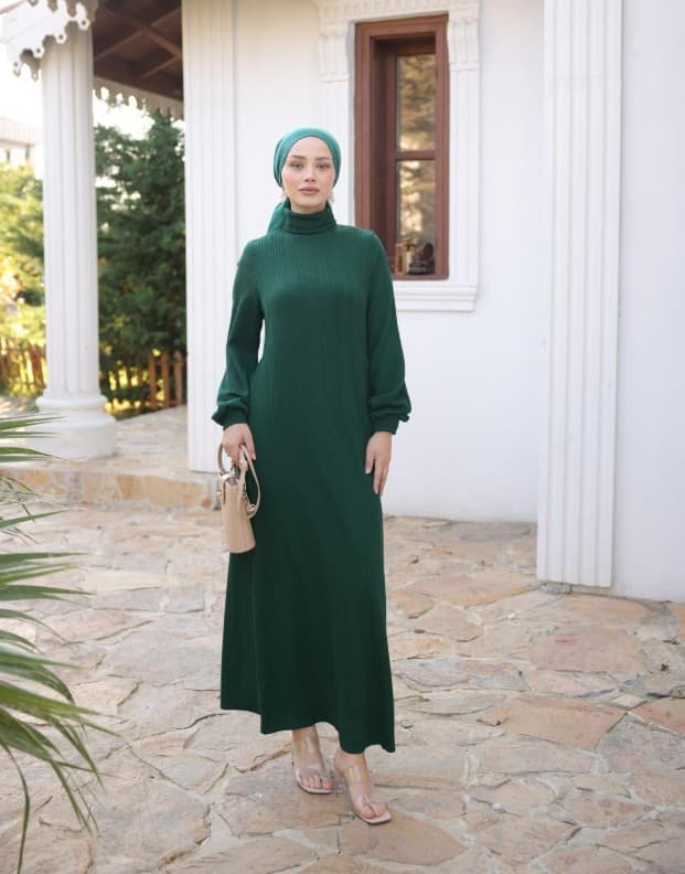 Boğazlı Triko Elbise - Yeşil