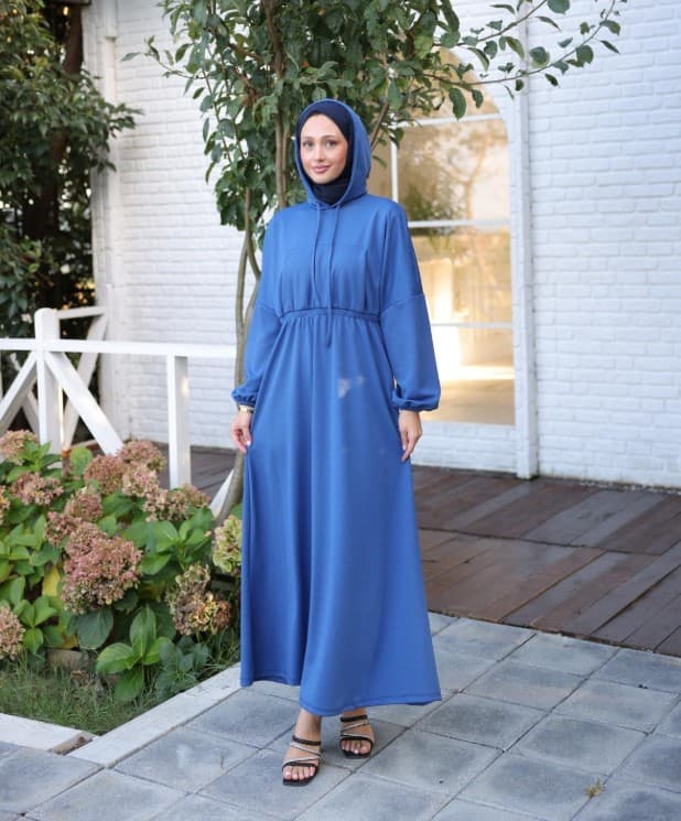 Kapşonlu Günlük Elbise - İndigo