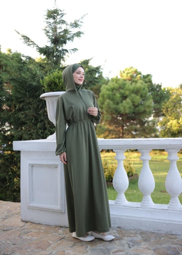 Kapşonlu Günlük Elbise - Haki