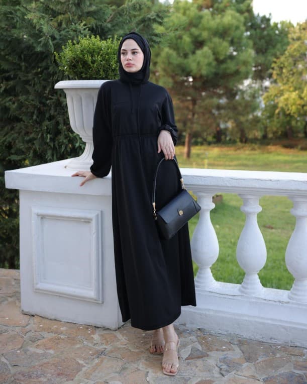 Kapşonlu Günlük Elbise - Siyah