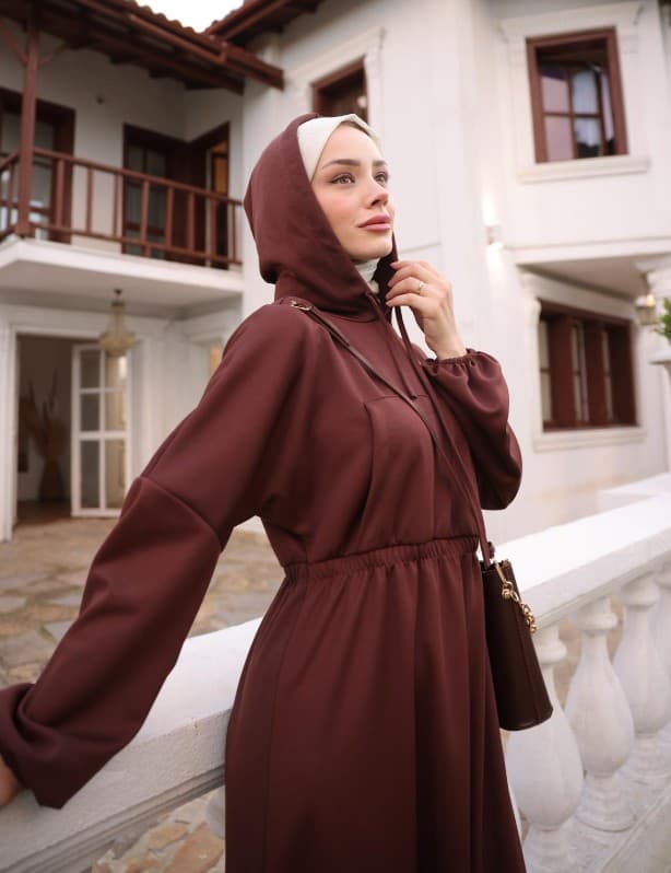 Kapşonlu Günlük Elbise - Kahverengi