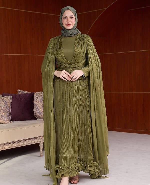 Kamer Plise  Işıltı Abiye - Haki